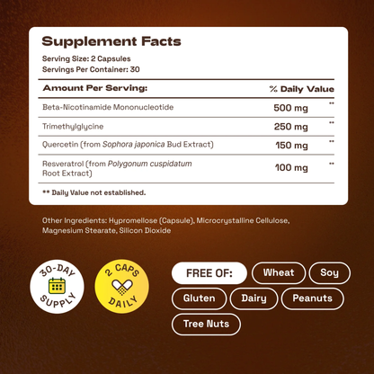 NMN Supplement, Quercetin, TMG, Resveratrol – Supports Cellular Energy & NAD+ Levels
